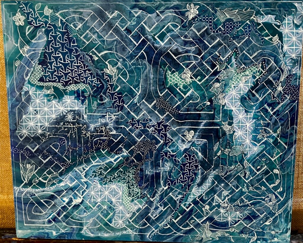 Bois pouring + feutre acrylique